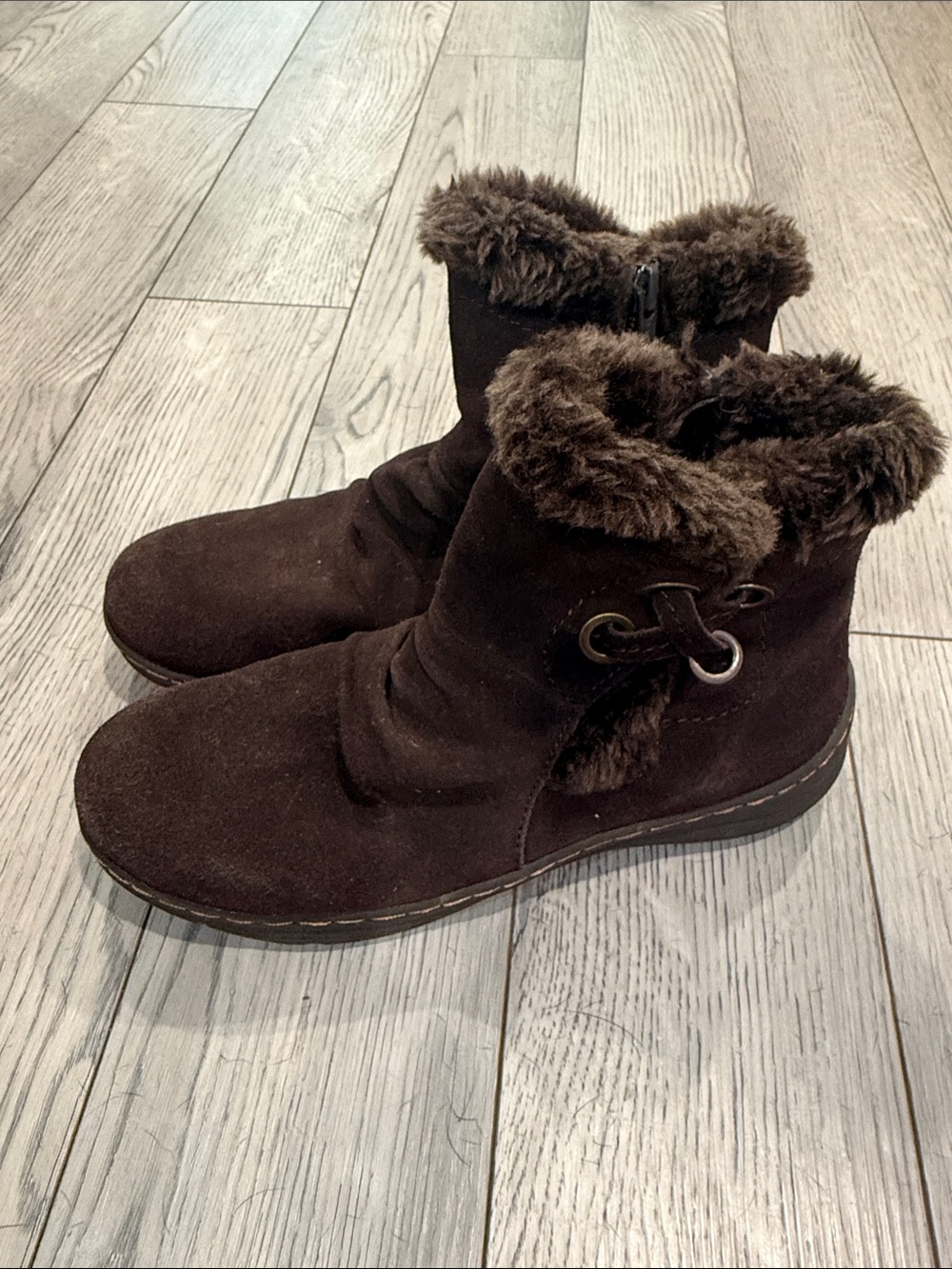 BareTraps Brown Faux Fur Trim Suede Ankle Boots